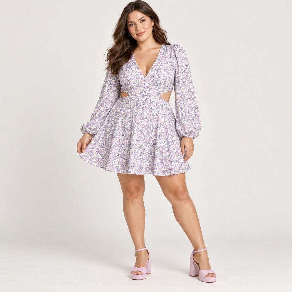 AFRM Sean Lilac Ditsy Floral Cutout Long Sleeve V Neck Mini Dress 1X NWT